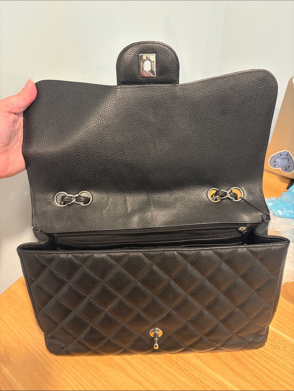 Pre-Loved CHANEL Black Caviar Leather Jumbo Single Flap with Silver Hardware - Picture 12 of 16